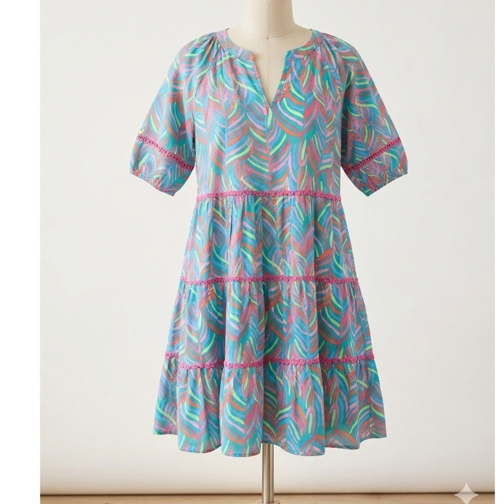 Michelle McDowell Tropical Palm Tiered Mini‎ Dress Pink Teal Lace Trim Small
